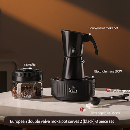 BINCOO European-style Double Valve Moka Pot with Electric Stove Set Household Coffee Maker & Manual Coffee Grinder Set 2Cups