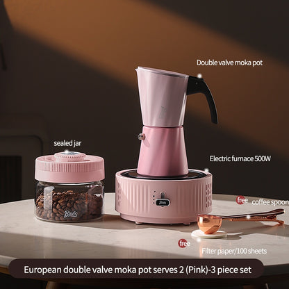 BINCOO European-style Double Valve Moka Pot with Electric Stove Set Household Coffee Maker & Manual Coffee Grinder Set 2Cups