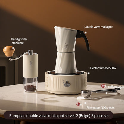 BINCOO European-style Double Valve Moka Pot with Electric Stove Set Household Coffee Maker & Manual Coffee Grinder Set 2Cups