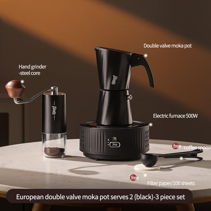 BINCOO European-style Double Valve Moka Pot with Electric Stove Set Household Coffee Maker & Manual Coffee Grinder Set 2Cups