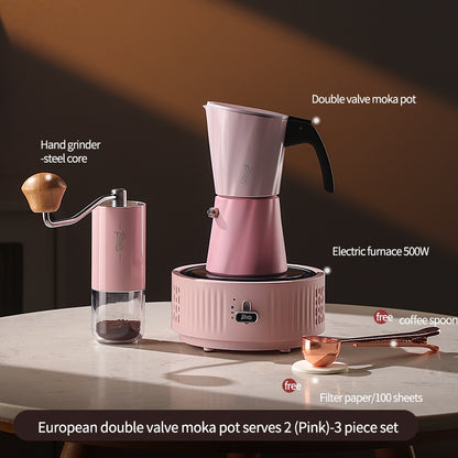 BINCOO European-style Double Valve Moka Pot with Electric Stove Set Household Coffee Maker & Manual Coffee Grinder Set 2Cups