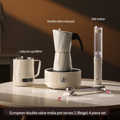 BINCOO European-style Double Valve Moka Pot with Electric Stove Set Household Coffee Maker & Manual Coffee Grinder Set 2Cups