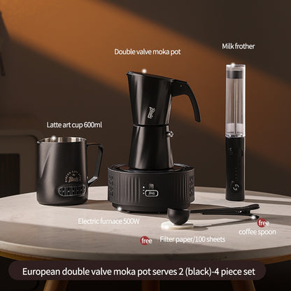 BINCOO European-style Double Valve Moka Pot with Electric Stove Set Household Coffee Maker & Manual Coffee Grinder Set 2Cups