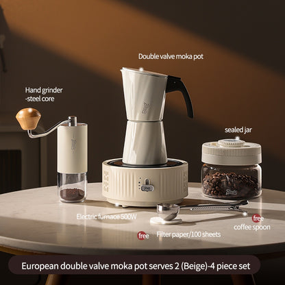 BINCOO European-style Double Valve Moka Pot with Electric Stove Set Household Coffee Maker & Manual Coffee Grinder Set 2Cups