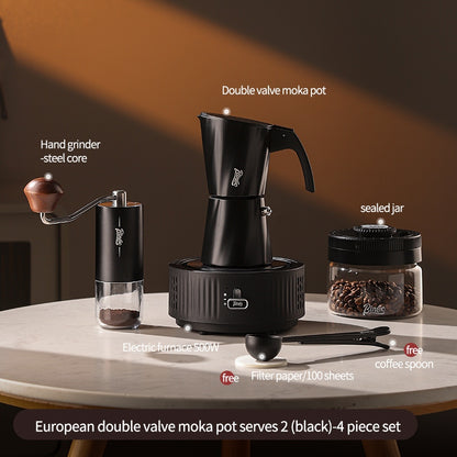 BINCOO European-style Double Valve Moka Pot with Electric Stove Set Household Coffee Maker & Manual Coffee Grinder Set 2Cups