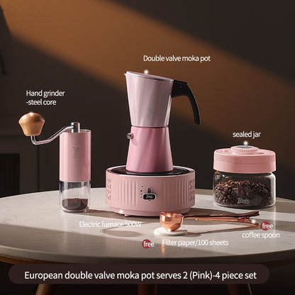 BINCOO European-style Double Valve Moka Pot with Electric Stove Set Household Coffee Maker & Manual Coffee Grinder Set 2Cups