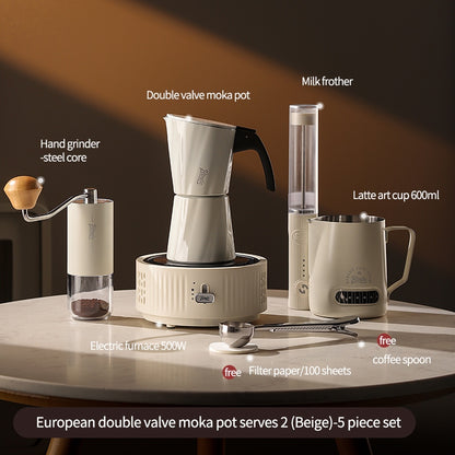 BINCOO European-style Double Valve Moka Pot with Electric Stove Set Household Coffee Maker & Manual Coffee Grinder Set 2Cups