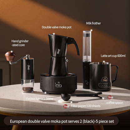 BINCOO European-style Double Valve Moka Pot with Electric Stove Set Household Coffee Maker & Manual Coffee Grinder Set 2Cups