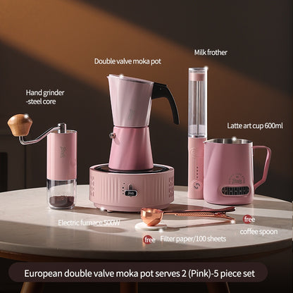 BINCOO European-style Double Valve Moka Pot with Electric Stove Set Household Coffee Maker & Manual Coffee Grinder Set 2Cups