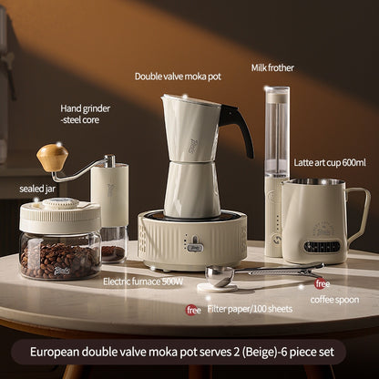 BINCOO European-style Double Valve Moka Pot with Electric Stove Set Household Coffee Maker & Manual Coffee Grinder Set 2Cups