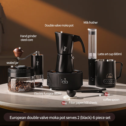 BINCOO European-style Double Valve Moka Pot with Electric Stove Set Household Coffee Maker & Manual Coffee Grinder Set 2Cups
