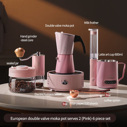 BINCOO European-style Double Valve Moka Pot with Electric Stove Set Household Coffee Maker & Manual Coffee Grinder Set 2Cups