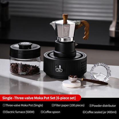 BINCOO Silver-black Three-valve Moka Pot with Electric Stove Set Coffee Brewer Outdoor Espresso Extraction Coffee Pot Set Coffee Utensils 1Cup/2Cups