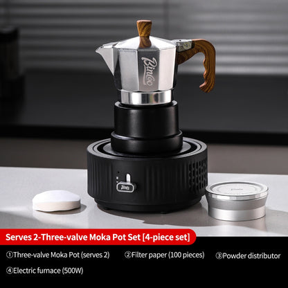 BINCOO Silver-black Three-valve Moka Pot with Electric Stove Set Coffee Brewer Outdoor Espresso Extraction Coffee Pot Set Coffee Utensils 1Cup/2Cups