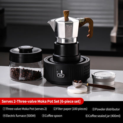 BINCOO Silver-black Three-valve Moka Pot with Electric Stove Set Coffee Brewer Outdoor Espresso Extraction Coffee Pot Set Coffee Utensils 1Cup/2Cups