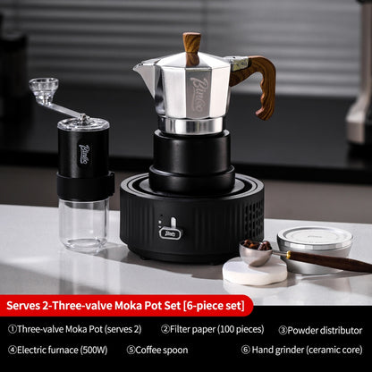 BINCOO Silver-black Three-valve Moka Pot with Electric Stove Set Coffee Brewer Outdoor Espresso Extraction Coffee Pot Set Coffee Utensils 1Cup/2Cups