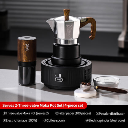 BINCOO Silver-black Three-valve Moka Pot with Electric Stove Set Coffee Brewer Outdoor Espresso Extraction Coffee Pot Set Coffee Utensils 1Cup/2Cups