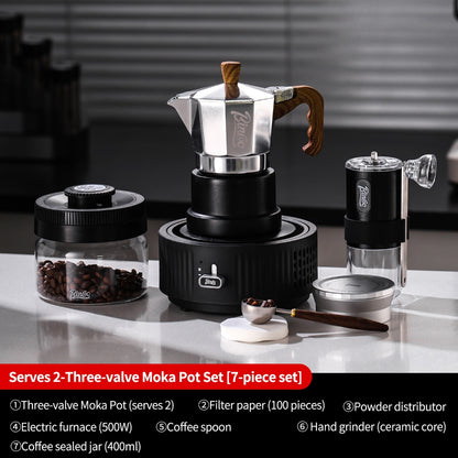 BINCOO Silver-black Three-valve Moka Pot with Electric Stove Set Coffee Brewer Outdoor Espresso Extraction Coffee Pot Set Coffee Utensils 1Cup/2Cups