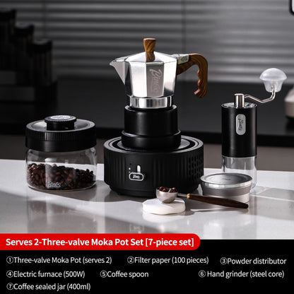 BINCOO Silver-black Three-valve Moka Pot with Electric Stove Set Coffee Brewer Outdoor Espresso Extraction Coffee Pot Set Coffee Utensils 1Cup/2Cups