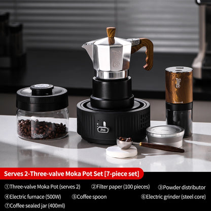 BINCOO Silver-black Three-valve Moka Pot with Electric Stove Set Coffee Brewer Outdoor Espresso Extraction Coffee Pot Set Coffee Utensils 1Cup/2Cups
