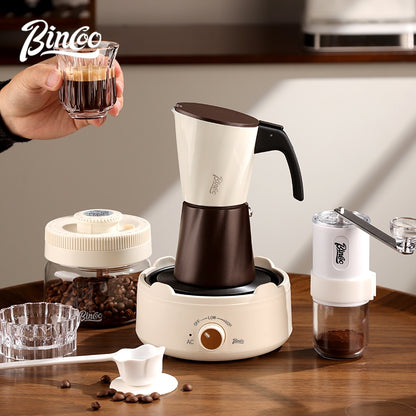 BINCOO Double-valve Moka Pot with Electric Heater Set Household Coffee Pot & Grinder Kit Mini Italian Espresso Brewer 2Cups