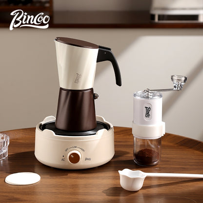 BINCOO Double-valve Moka Pot with Electric Heater Set Household Coffee Pot & Grinder Kit Mini Italian Espresso Brewer 2Cups