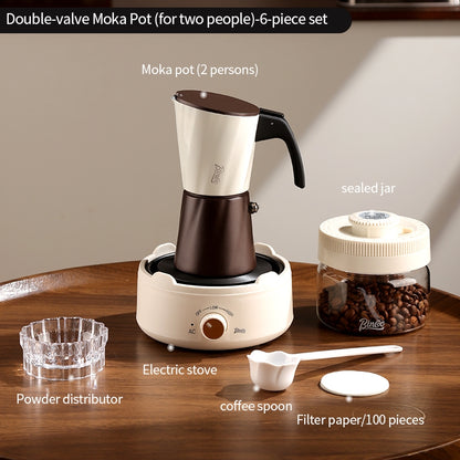 BINCOO Double-valve Moka Pot with Electric Heater Set Household Coffee Pot & Grinder Kit Mini Italian Espresso Brewer 2Cups
