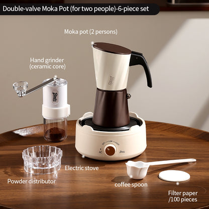 BINCOO Double-valve Moka Pot with Electric Heater Set Household Coffee Pot & Grinder Kit Mini Italian Espresso Brewer 2Cups