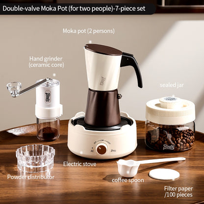 BINCOO Double-valve Moka Pot with Electric Heater Set Household Coffee Pot & Grinder Kit Mini Italian Espresso Brewer 2Cups