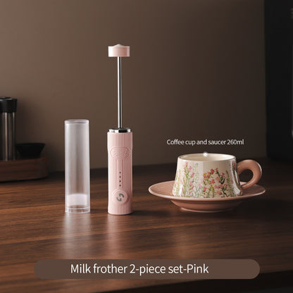BINCOO Electric Milk Frother with Ceramic Coffee Cup Set Handheld Foam Mixer Household Milk Whisk Latte Art Tools