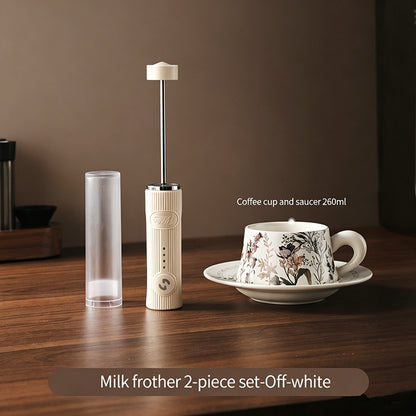 BINCOO Electric Milk Frother with Ceramic Coffee Cup Set Handheld Foam Mixer Household Milk Whisk Latte Art Tools
