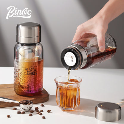 BINCOO Heat-resistant Glass Cold Brew Cup with Stainless Steel Filter Coffee Grinder & Airtight Canister Set Ideal for Office & Outdoor Use