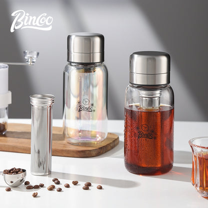BINCOO Heat-resistant Glass Cold Brew Cup with Stainless Steel Filter Coffee Grinder & Airtight Canister Set Ideal for Office & Outdoor Use