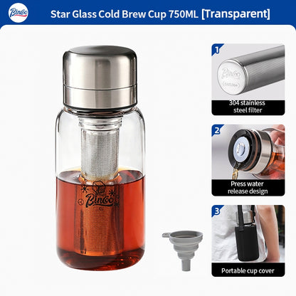 BINCOO Heat-resistant Glass Cold Brew Cup with Stainless Steel Filter Coffee Grinder & Airtight Canister Set Ideal for Office & Outdoor Use