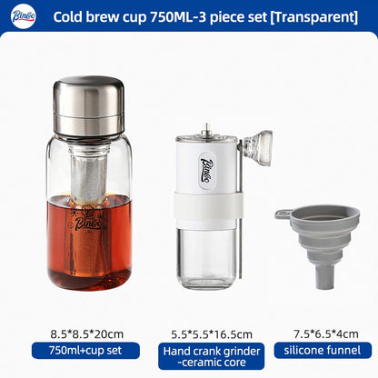 BINCOO Heat-resistant Glass Cold Brew Cup with Stainless Steel Filter Coffee Grinder & Airtight Canister Set Ideal for Office & Outdoor Use