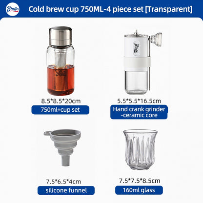 BINCOO Heat-resistant Glass Cold Brew Cup with Stainless Steel Filter Coffee Grinder & Airtight Canister Set Ideal for Office & Outdoor Use
