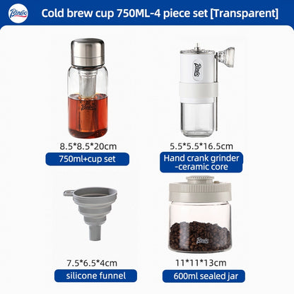 BINCOO Heat-resistant Glass Cold Brew Cup with Stainless Steel Filter Coffee Grinder & Airtight Canister Set Ideal for Office & Outdoor Use
