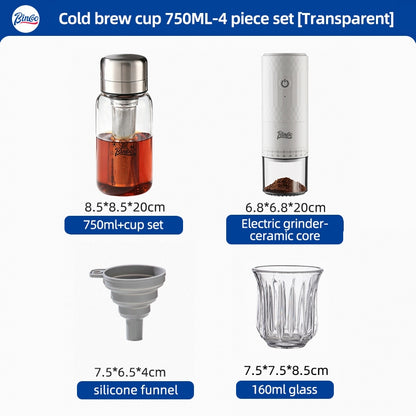 BINCOO Heat-resistant Glass Cold Brew Cup with Stainless Steel Filter Coffee Grinder & Airtight Canister Set Ideal for Office & Outdoor Use