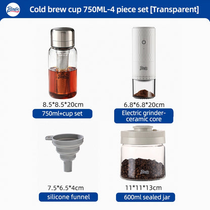 BINCOO Heat-resistant Glass Cold Brew Cup with Stainless Steel Filter Coffee Grinder & Airtight Canister Set Ideal for Office & Outdoor Use