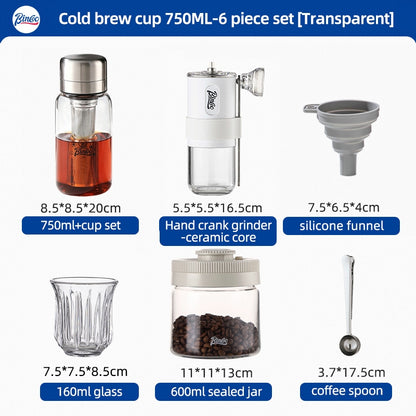 BINCOO Heat-resistant Glass Cold Brew Cup with Stainless Steel Filter Coffee Grinder & Airtight Canister Set Ideal for Office & Outdoor Use