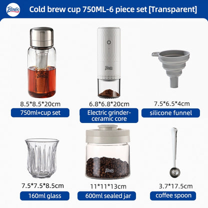 BINCOO Heat-resistant Glass Cold Brew Cup with Stainless Steel Filter Coffee Grinder & Airtight Canister Set Ideal for Office & Outdoor Use