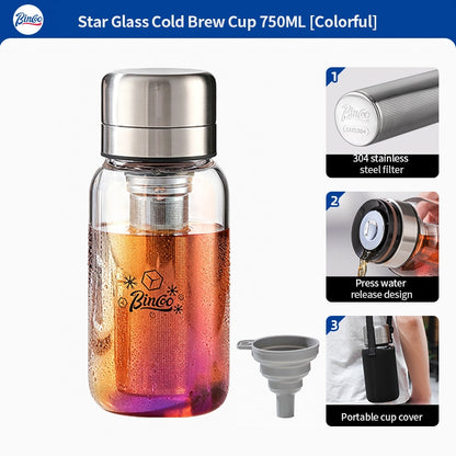 BINCOO Heat-resistant Glass Cold Brew Cup with Stainless Steel Filter Coffee Grinder & Airtight Canister Set Ideal for Office & Outdoor Use