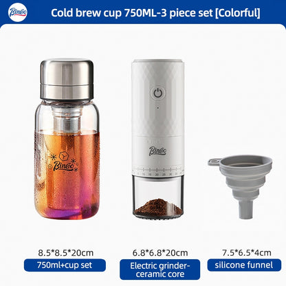 BINCOO Heat-resistant Glass Cold Brew Cup with Stainless Steel Filter Coffee Grinder & Airtight Canister Set Ideal for Office & Outdoor Use