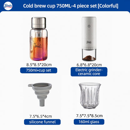 BINCOO Heat-resistant Glass Cold Brew Cup with Stainless Steel Filter Coffee Grinder & Airtight Canister Set Ideal for Office & Outdoor Use