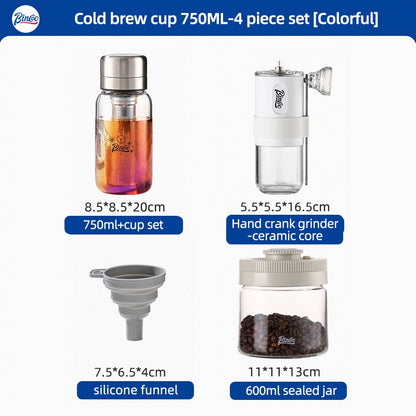 BINCOO Heat-resistant Glass Cold Brew Cup with Stainless Steel Filter Coffee Grinder & Airtight Canister Set Ideal for Office & Outdoor Use