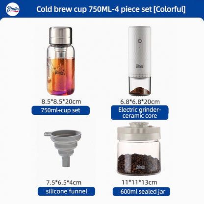 BINCOO Heat-resistant Glass Cold Brew Cup with Stainless Steel Filter Coffee Grinder & Airtight Canister Set Ideal for Office & Outdoor Use