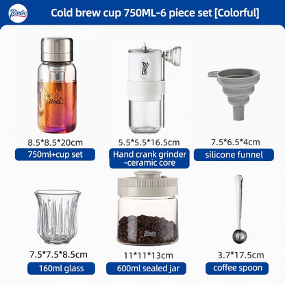 BINCOO Heat-resistant Glass Cold Brew Cup with Stainless Steel Filter Coffee Grinder & Airtight Canister Set Ideal for Office & Outdoor Use