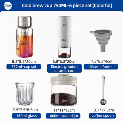 BINCOO Heat-resistant Glass Cold Brew Cup with Stainless Steel Filter Coffee Grinder & Airtight Canister Set Ideal for Office & Outdoor Use