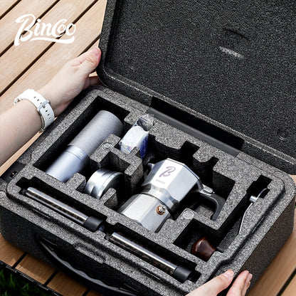 BINCOO 316 Stainless Steel Three-Valve Moka Pot Coffee Brewing Set Complete Kit with Coffee Grinder & Portable Storage Case 2