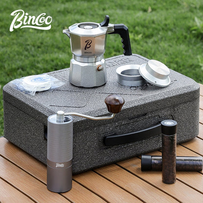 BINCOO 316 Stainless Steel Three-Valve Moka Pot Coffee Brewing Set Complete Kit with Coffee Grinder & Portable Storage Case 2